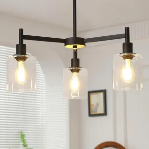 3-Light Chandelier for Dining Room, Farmhouse Chandelier with Clear Glass, Height Adjustable Industrial Metal Hanging Fixture Pendant Ceiling Lighting for Foyer Living Room, Kitchen