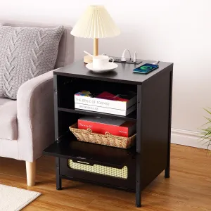 LED Nightstand, Bedside Table with 2 Rattan Decor Drawers, Modern End Table with USB Ports and Outlets for Bedroom Living Room Office Dorm, Black
