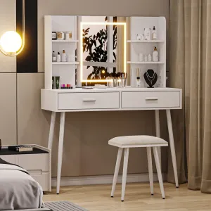 Makeup Vanity Desk with Mirror & Lights, Vanity Desk with Power Outlet, Large Makeup Table with Stool & 2 Drawers & 4 Shelves