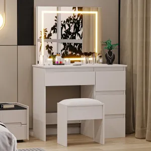 Makeup Vanity Desk with LED Mirror - Makeup Table with +Adjustable Brightness, 3 Light Modes, 4 Drawers, Charging Board, Large Desktop, White
