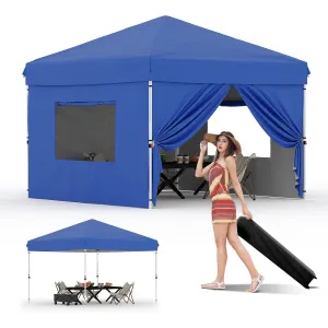 10'x10'Pop Up Canopy Tent with 4Pcs Sidewalls, Portable Instant Commercial Canopy with 4 Stakes, 4 Ropes, 4 Sandbags for Farmers' Market, Patio, Outdoor, Camping, Blue