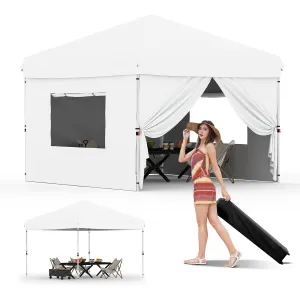 10'x10' Pop-Up Canopy Tent with 4 Sidewalls - Portable Instant Commercial Canopy with Stakes, Ropes & Sandbags for Market, Patio & Camping, White