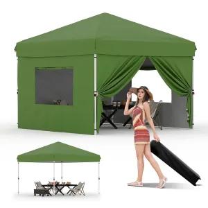 10'x10' Pop Up Canopy with 4 Sidewalls Easy Up Camping Tent with One Button Push Setup - 1 Roller Bag, 3 Adjustable Height, 4 Weight Bags for Deck, Garden, Sports, Beach, Party, Green