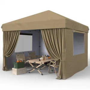 10'x10' Pop-Up Canopy Tent - Easy One-Person Setup, Portable Shelter with 4 Sidewalls & 4 Sandbags, Ideal for Patio & Outdoor Activities, Khaki