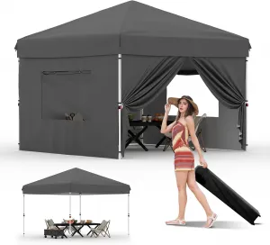 10'x10' Pop-Up Canopy Tent with 4 Sidewalls - Portable Instant Commercial Canopy with Stakes, Ropes & Sandbags for Market, Patio & Camping, Black