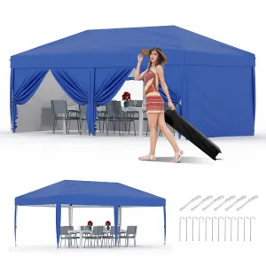10'x20' Pop Up Canopy Tent Outdoor Canopy One-Person Set Up Heavy Duty Commercial Instant Tent Shelter, 6-Sidewall+Blue