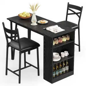 Dining Table Set for 2, Expandable Bar Table with 3 Storage Shelves, MDF & Metal, Foldable Space-Saving, Easy Assembly, Ideal for Small Spaces, Black