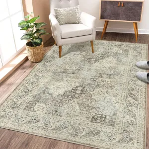 Area Rugs 5x7 Washable Rug Vintage Rug Kitchen Floor Cover Traditional Rug Foldable Thin Rug Taupe Multi Distressed Floral Print Indoor Mat for Bathroom Bedroom Living Room Dining Room