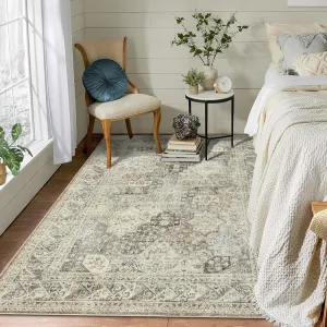 Vintage Washable Rug - Neutral Low-Pile Foldable Farmhouse Carpet for Bedroom, Living Room, Dining Room, Office, or Kids' Room