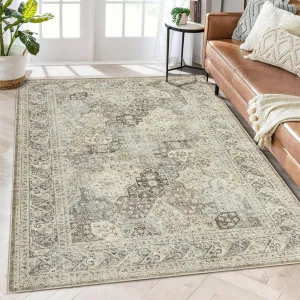 Area Rug 3x5 Vintage Rug Washable Area Rugs for Living Room Bedroom Children's Room Dining Room Oriental Office Floor Carpet Foldable Neutral Rug Farmhouse Area Rugs Non Slip Brown