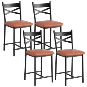 Counter Height Bar Stools Set of 4, Faux Leather Bar Chair with Back, Thick Cushion, Upholstered Bar Stools with Footrest for Kitchen Island, Counter Bar, Brown