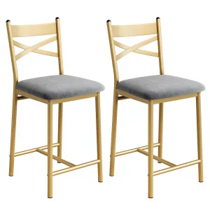 Bar Stools Set of 2, Counter Height Bar Stools with X Back and Thick Cushion, PU Leather, Metal Barstools for Kitchen Island Apartment Counter Bar, Gold