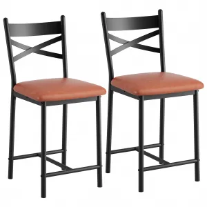 Bar Stools Set of 2, Counter Height Bar Stools with X Back and Thick Cushion, PU Leather, Metal Barstools for Kitchen Island Apartment Counter Bar, Brown