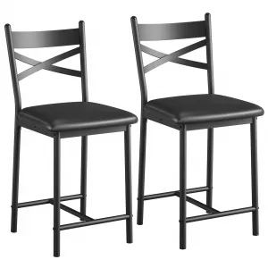 Bar Stools Set of 2, Counter Height Bar Stools with X Back and Thick Cushion, PU Leather, Metal Barstools for Kitchen Island Apartment Counter Bar, Black