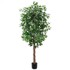 Artificial Ficus Tree 6ft Tall + Realistic Texture + 3 Natural Wood Trunks + Polyester Material + Adjustable Branches + Indoor/Outdoor Decor