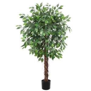 Artificial Ficus Tree 5ft - Realistic Silk Tree with Natural Wood Trunk, 756 Lifelike Leaves, Adjustable Branches, Indoor/Outdoor Decor