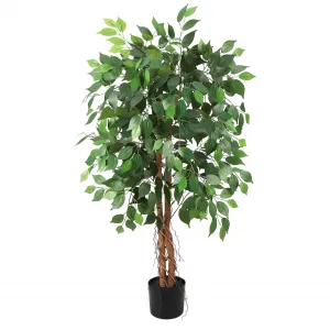Artificial Ficus Tree 4ft Tall - Realistic Silk with Natural Wood Trunk - Durable Polyester, Adjustable Branches - Indoor Outdoor Decor