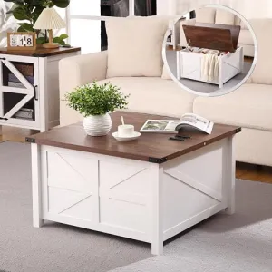 Farmhouse Square Coffee Table + Large Hidden Storage + Hinged Lift Top + Particle Board + Smooth Lifting + Easy Assembly + Living Room