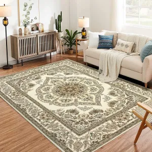 Yellow 4x6 Washable Boho Floral Medallion Area Rug, Non-Slip Soft Low-Pile Printed Carpet, Yellow, 4x6, Entryway, Bedroom, Living Room