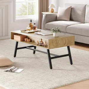 Coffee Table Industrial Center Table 42" Mid-Century Modern Living Room Table with Drawer Wood Cocktail Table with Storage Rectangle Coffee Table Metal Frame Living Room Easy Assemble
