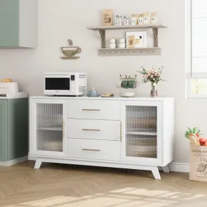 Sideboard Buffet Cabinet with 2 Fluted Glass Doors, 56" Modern Coffee Bar Cabinet with 3 Large Drawers, White Long Storage Cabinet for Kitchen Dining Living Room, White Top