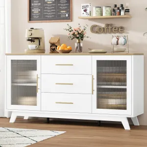 Sideboard Buffet Cabinet with 2 Fluted Glass Doors, 56" Modern Coffee Bar Cabinet with 3 Large Drawers, White Long Storage Cabinet for Kitchen Dining Living Room, Natural Top