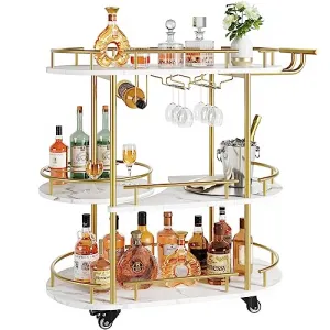 Gold Bar Cart 3 Tier with Wine Rack & Glass Holder, Rotating Turntable, Faux Marble, Lockable Wheels, Easy Assembly, for Living Room & Kitchen