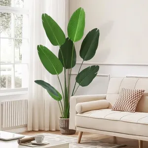 4Feet Artificial Bird of Paradise Plant + Fake Banana Leaf + Indoor Outdoor Use + 7 Trunks + Pot Included + Home Office Decor