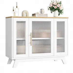 Buffet Storage Cabinet with Fluted Glass Door, 36" Modern Sideboard Cabinet with 2-Tier Storage, White Accent Cabinet for Kitchen Dining Living Room, Natural Top