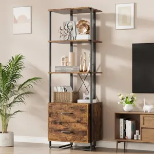 4 Tier Bookshelf with Storage Drawers,70.9 Inch Tall Industrial Book Shelf with Open Display Shelves,4 Shelf Bookcase with Metal Frame for Living Room, Bedroom,Office-Rustic Brown