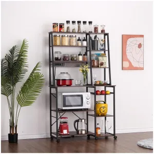 Kitchen Bakers Rack with Power Outlet, 6-Tier Microwave Stand, Coffee Bar Table, Wire Basket, MDF & Metal, Rustic Brown, for Spices, Pots, Pans, Living Room