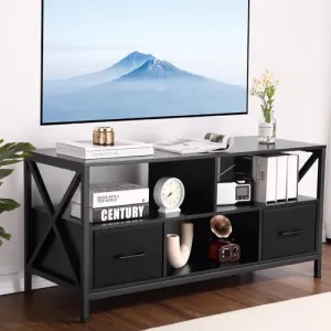 Entertainment Center with Fabric Drawers, Steel Frame, Black Oak Laminate, Open Shelves, Bedroom, Living Room