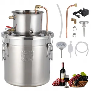 5Gal Alcohol Distiller Spirits Kit with Circulating Pump, Copper Tube & Dual Display Thermometer for Home Brew Wine Making, Stainless Steel