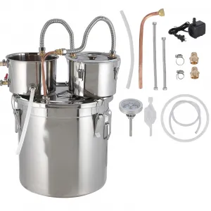 3Gal Double Chilled Alcohol Still - Stainless Steel Home Still Kit with Copper Tubing & Built-in Thermometer, 3 Pot Multi-Purpose Distilling Kit for DIY Whiskey Brandy