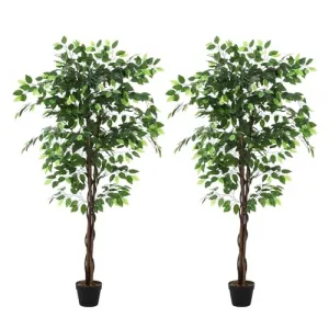 Artificial Ficus Trees 5FT Faux Plants + Realistic Silk Leaves + Adjustable Shape + Flame-Retardant + Indoor Outdoor Decor + 2 Packs