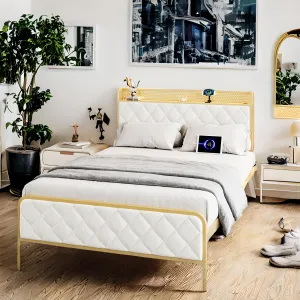 King Size Bed Frame, Storage Headboard with Charging Station, Platform Bed with Velvet Backrest, No Box Spring Needed, Easy Assembly, Beige