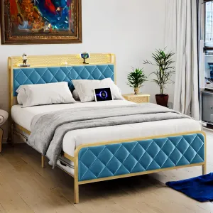 Queen Size Bed Frame, Storage Headboard with Charging Station, Platform Bed with Velvet Backrest, No Box Spring Needed, Easy Assembly, Teal