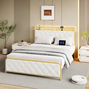 Full Size Bed Frame, Storage Headboard with Charging Station, Platform Bed with Velvet Backrest, No Box Spring Needed, Easy Assembly, Beige