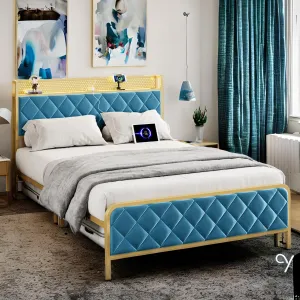 King Size Bed Frame, Storage Headboard with Charging Station, Platform Bed with Velvet Backrest, No Box Spring Needed, Easy Assembly, Teal