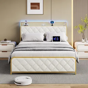 Queen Size Bed Frame, Storage Headboard with Charging Station, Platform Bed with Velvet Backrest, No Box Spring Needed, Easy Assembly, Beige