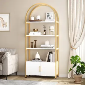 Arched Bookshelf, Bookcase with Doors Storage, 71.5 Inches Tall Industrial Book Shelf with Sturdy Metal Frame and Quality Boards, Freestanding Display Shelving (Gold)