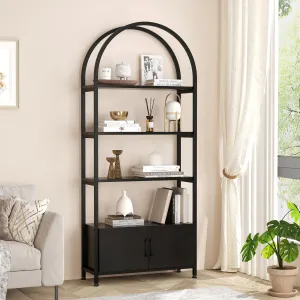 Arched Bookshelf, Bookcase with Doors Storage, 71.5 Inches Tall Industrial Book Shelf with Sturdy Metal Frame and Quality Boards, Freestanding Display Shelving (Black)