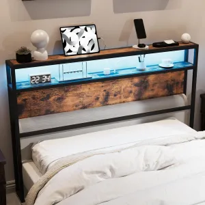 Queen Size Storage Headboard with LED Lights & Charging Ports- Industrial Metal and Wood Headboard for Bedroom, Attach Frame, Easy Assembly - Brown