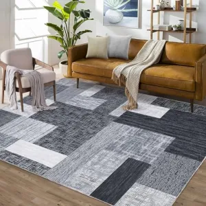 Machine Washable Area Rug 5x7 Modern Geometric Area Rug for Living Room Bedroom Contemporary Patchwork Non-Slip Stain Resistant Accent Rug Carpet for Home Decor Floor Decoration, Grey