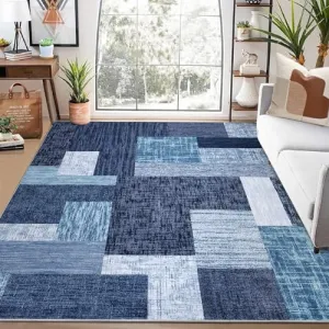 Geometric Blue 9x12 Area Rug Modern Geometric Machine Washable Area Rug for Living Room Bedroom Contemporary Patchwork Non-Slip Stain Resistant Accent Rug Carpet for Home Floor Decoration