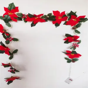 Twinkle Red Berries Light String Christmas Poinsettia Garland with Red Berries & Holly Leaves for Indoor & Outdoor 6 FT 2 Meters 10 Light Battery Box 2 Meters 10 Light Battery Box