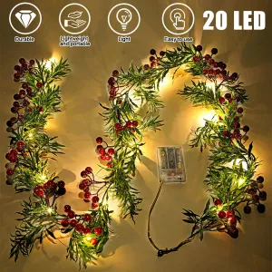 Battery Powered Red Berry Fairy String Lights 20 LED Bulbs Pine Needle String Lights for Christmas Bedroom Party Wedding Garden 2M 1.75 Meters Long Rattan with 2 Meters 20 Lights