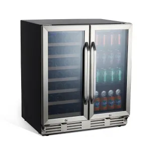 30 Inch Wine and Beverage Refrigerator Dual Zone with Digital Temperature Control Safety Locks, Hold 33 Bottles and 100 Cans for Kitchens Bar