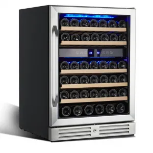 Upgraded 24 Inch Wine Cooler Refrigerator, 46 Bottle Dual Zone Wine Fridge, Freestanding Wine Cooler with Stainless Steel for Kitchen Bar