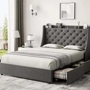 Full Bed Frame with 4 Storage Drawers + Type-C & USB Port + Upholstered Wingback Headboard + Metal Frame + Easy Assembly